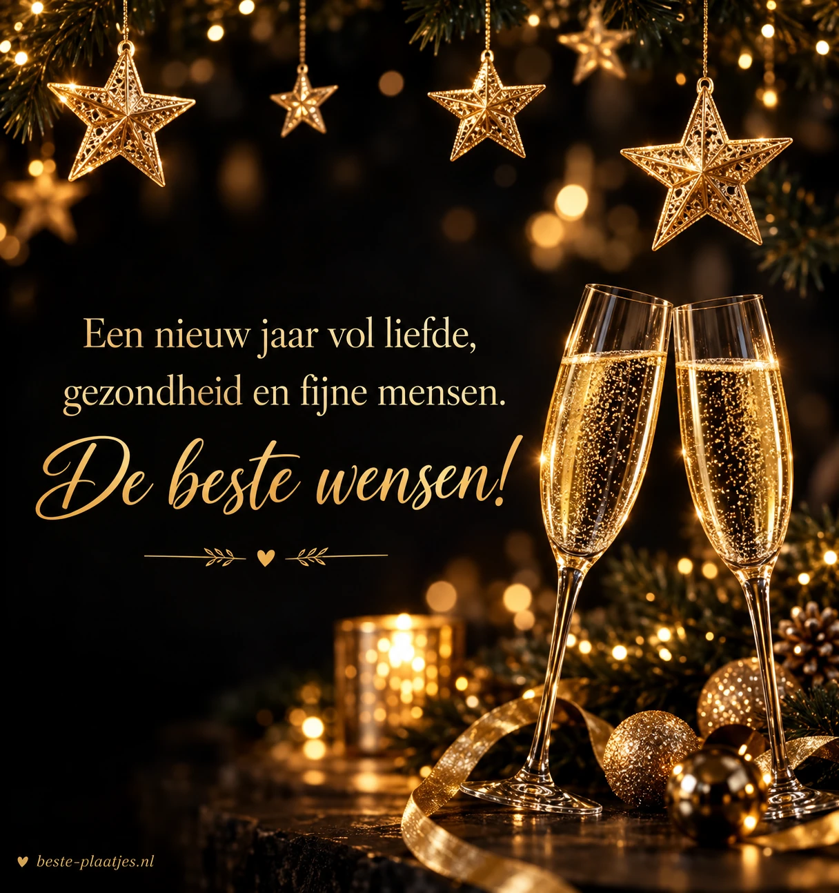 Gouden sterren en champagneglazen omlijsten een warme wens voor liefde en gezondheid. Gouden sterren en champagneglazen omlijsten een warme wens voor liefde en gezondheid.