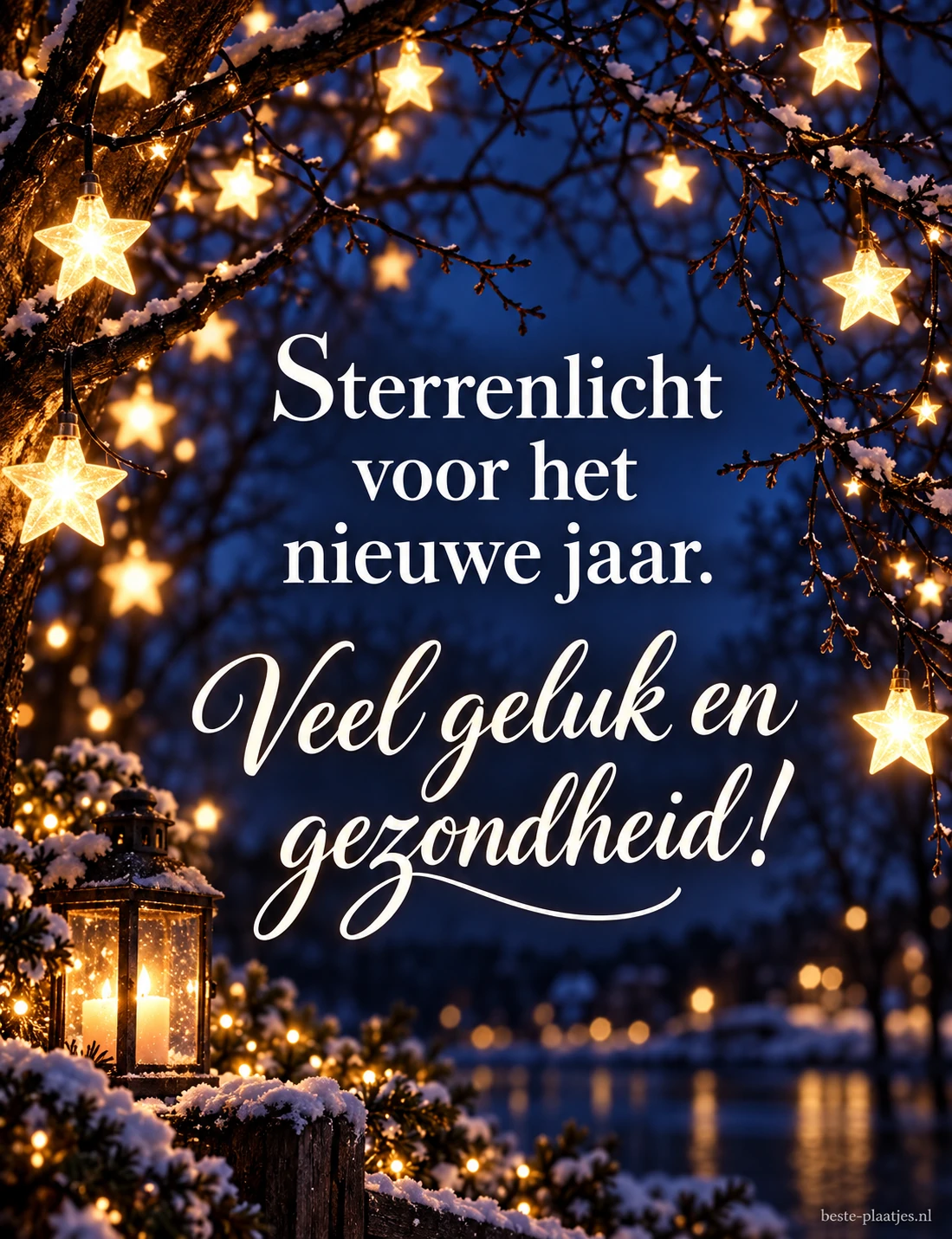 Sterrenlicht tussen wintertakken brengt een wens voor geluk en gezondheid. Sterrenlicht tussen wintertakken brengt een wens voor geluk en gezondheid.