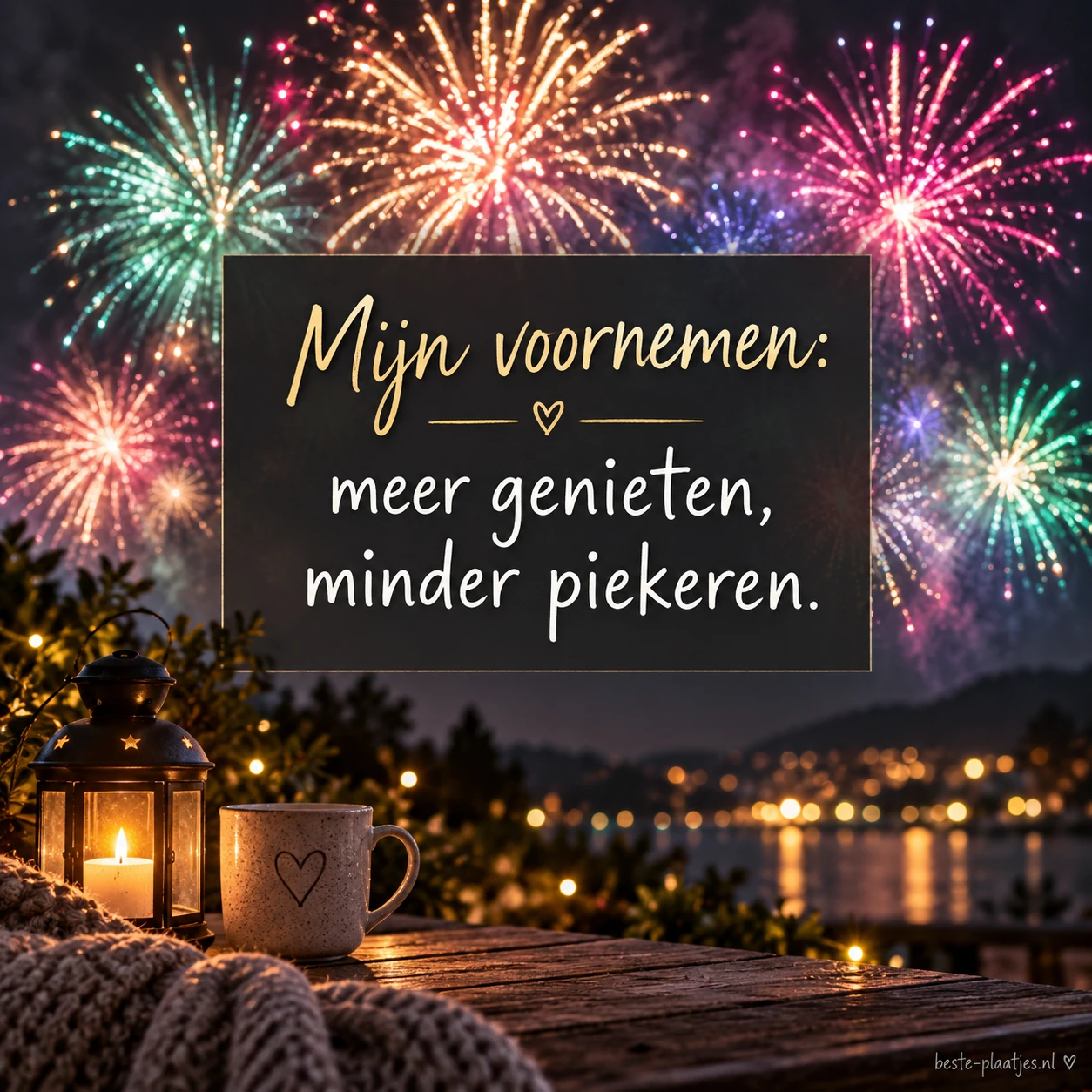 Vuurwerk achter een rustig tekstpaneel brengt een luchtige nieuwjaarswens. Vuurwerk achter een rustig tekstpaneel brengt een luchtige nieuwjaarswens.