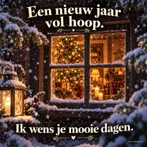 Een warm verlicht raam in de sneeuw brengt een hoopvolle nieuwjaarsgroet.