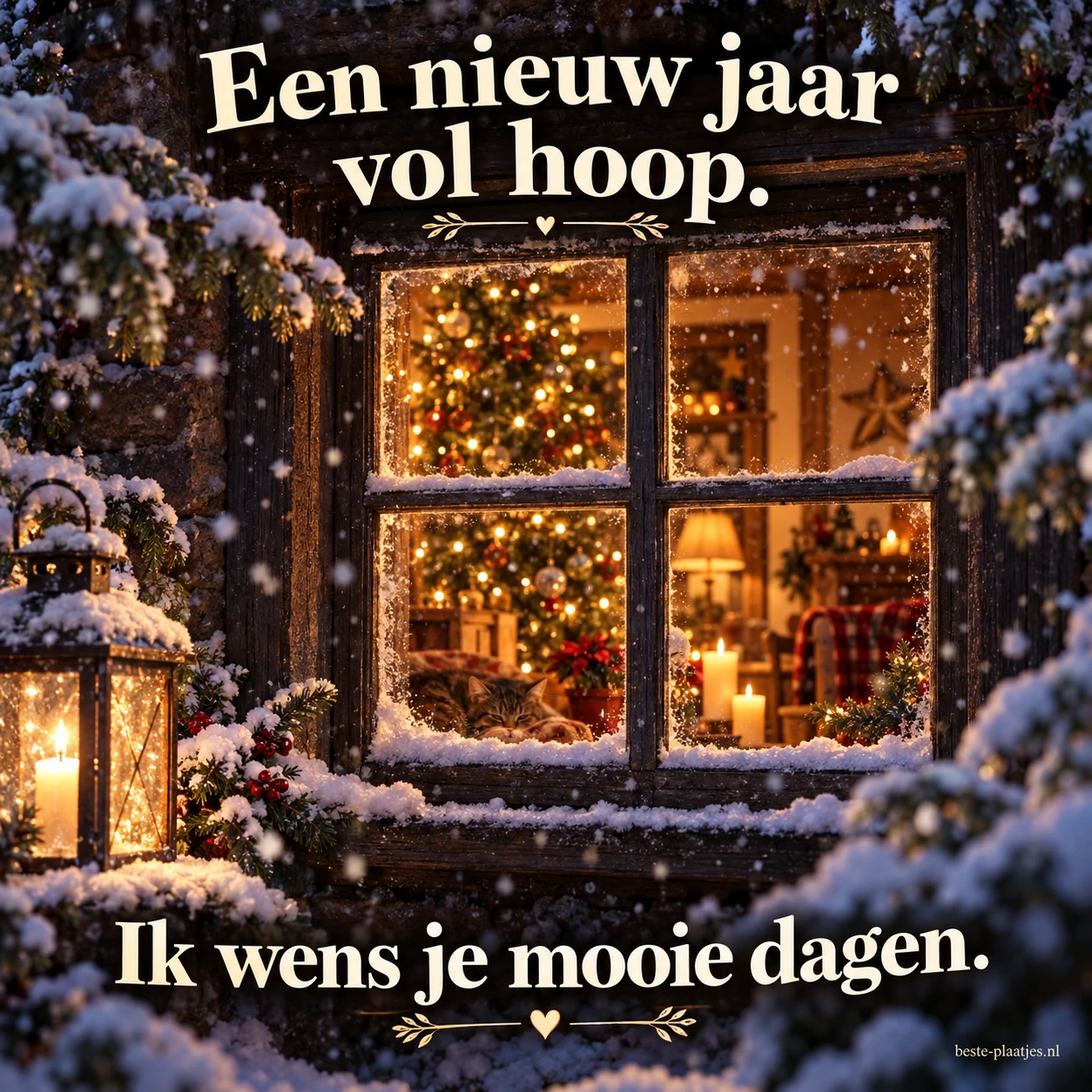 Een warm verlicht raam in de sneeuw brengt een hoopvolle nieuwjaarsgroet. Een warm verlicht raam in de sneeuw brengt een hoopvolle nieuwjaarsgroet.