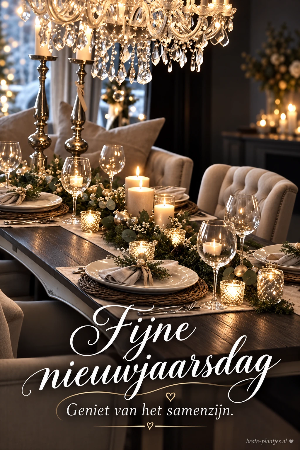 Een feestelijk gedekte tafel met kaarsen brengt een gezellige nieuwjaarsdagwens. Een feestelijk gedekte tafel met kaarsen brengt een gezellige nieuwjaarsdagwens.