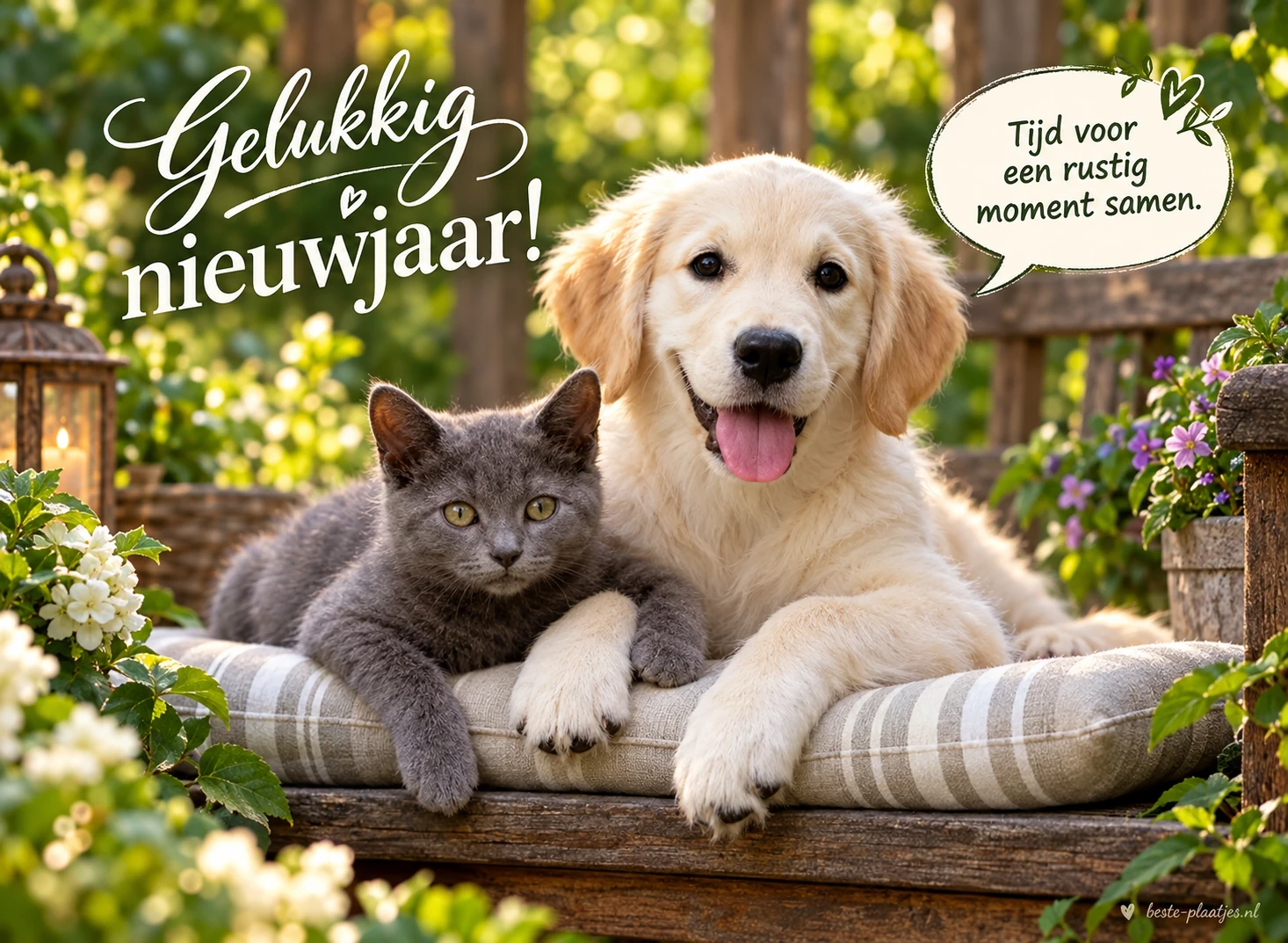 Een hond en een kat op een kussen brengen een rustige nieuwjaarsgroet. Een hond en een kat op een kussen brengen een rustige nieuwjaarsgroet.