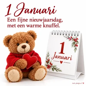Een kalender op 1 januari met een stoffen beertje brengt een warme nieuwjaarsdagwens.