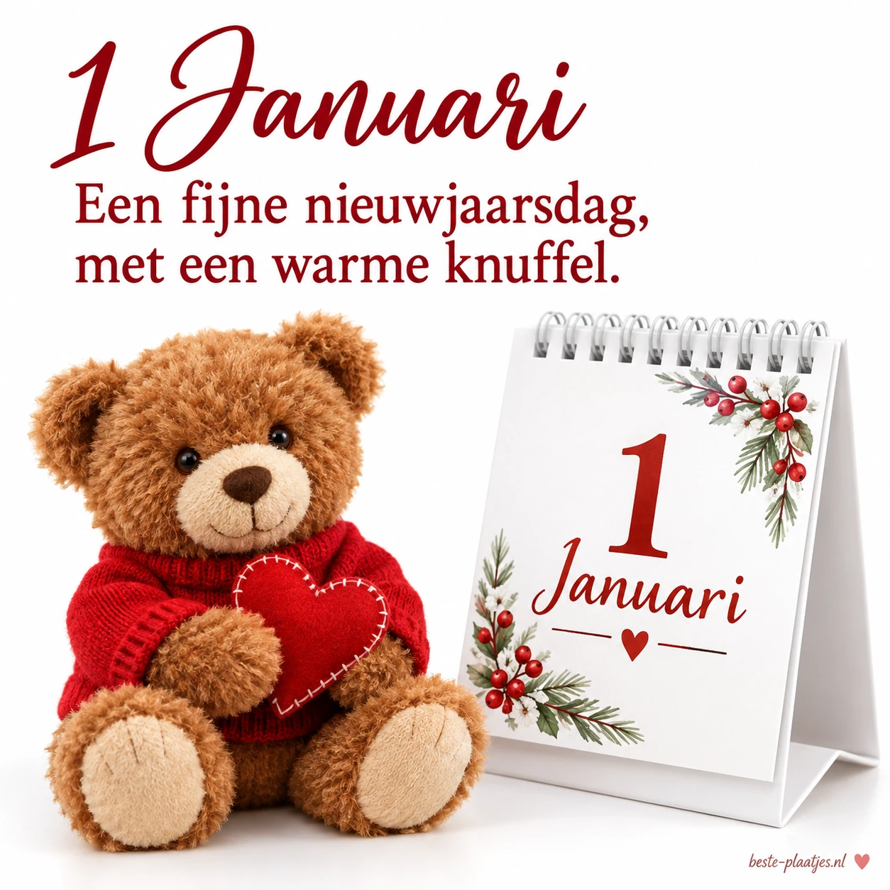 Een kalender op 1 januari met een stoffen beertje brengt een warme nieuwjaarsdagwens. Een kalender op 1 januari met een stoffen beertje brengt een warme nieuwjaarsdagwens.