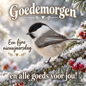 Een mees op een besneeuwde tak brengt een ochtendgroet voor nieuwjaarsdag.