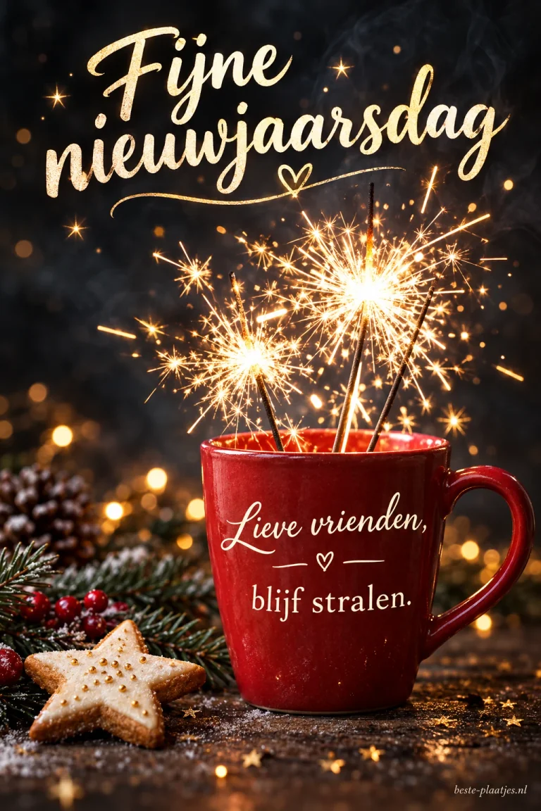 Een rode mok met sterretjes en een koekje brengt een vrolijke nieuwjaarsdaggroet.