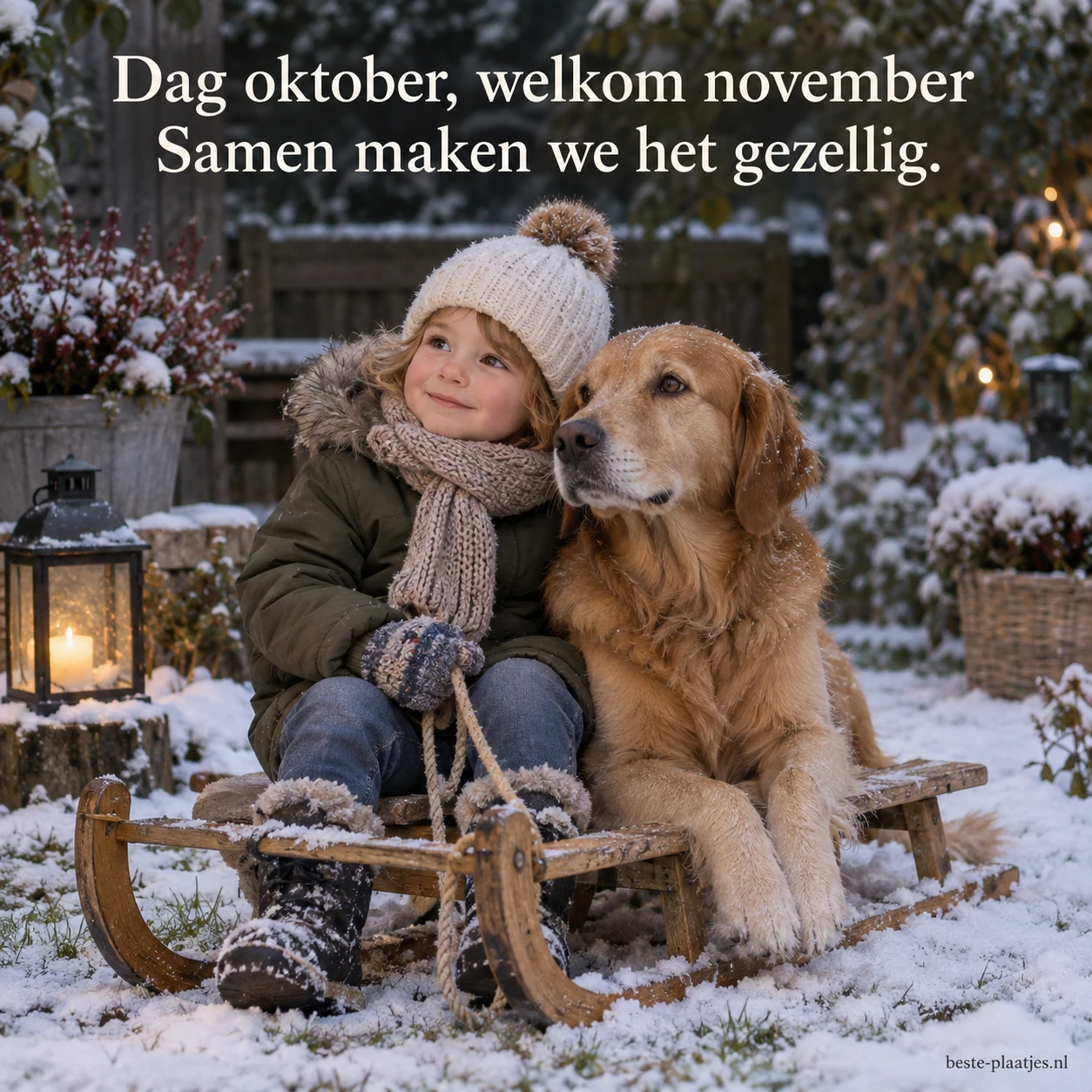 Een kind en een hond bij een slee brengen een warme groet voor de koudere novemberdagen.