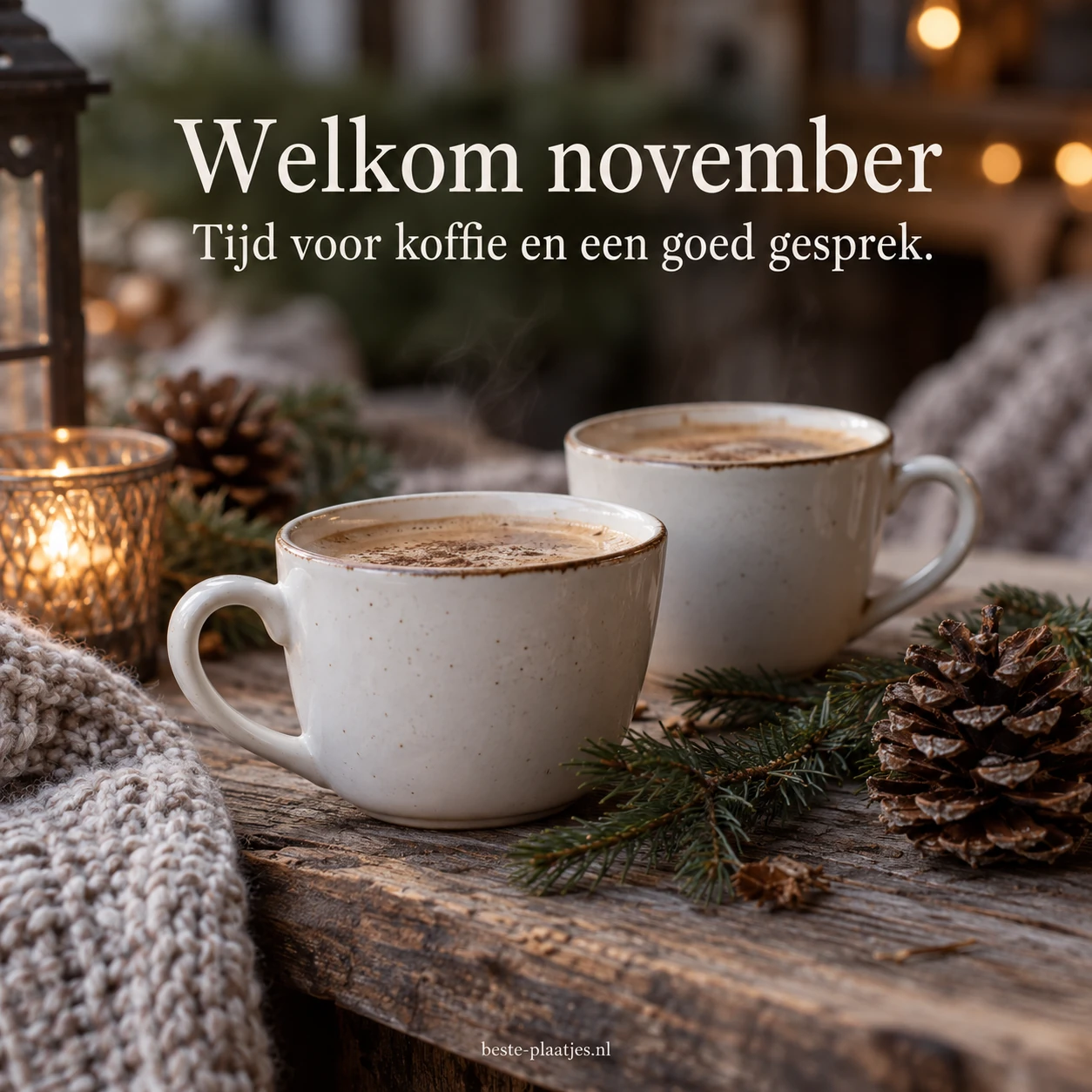 Twee kopjes koffie, dennenappels en lichtjes brengen gezelligheid in november.