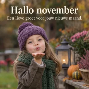 Een kind met een muts en sjaal stuurt een lieve novembergroet.