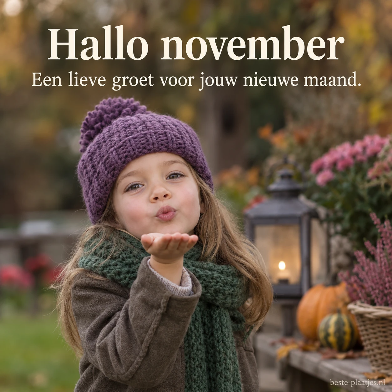 Een kind met een muts en sjaal stuurt een lieve novembergroet.
