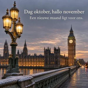 Lantaarns op een Londense brug verlichten een koele avond aan het begin van november.