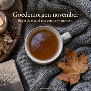 Een kop thee op een gebreide deken met een herfstblad verwelkomt november.