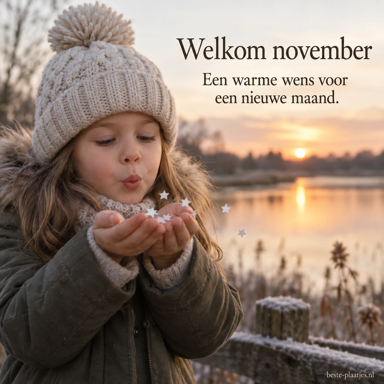 Een kind met een warme muts blaast papieren sterretjes voor een vriendelijke novembergroet.