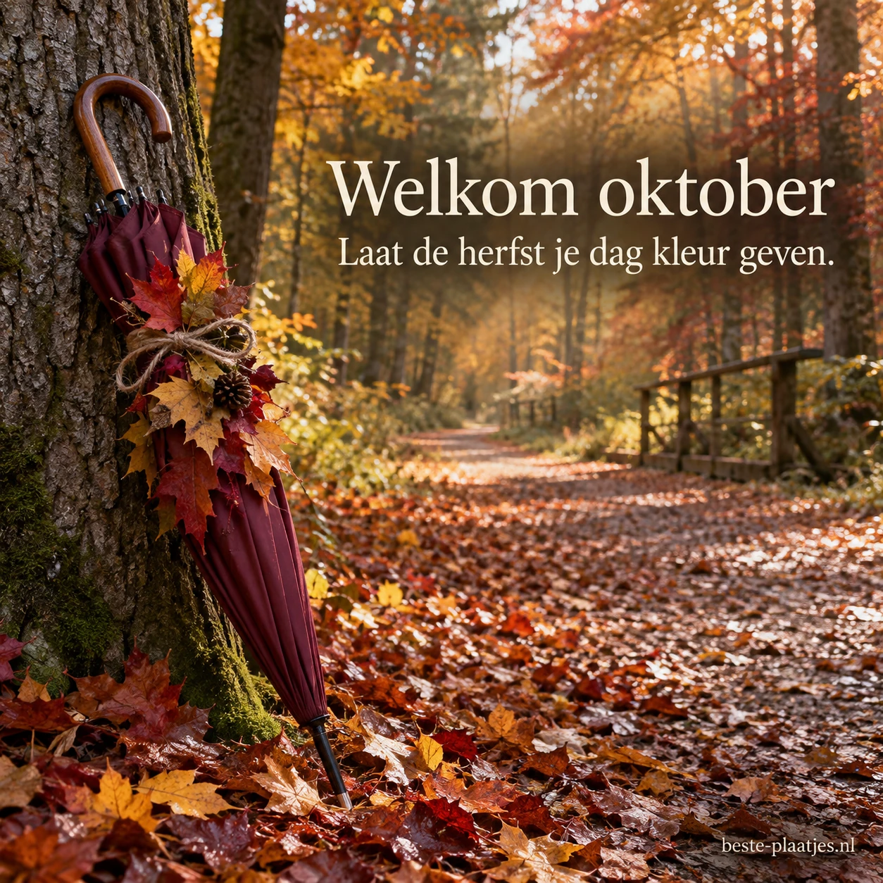 Een paraplu met herfstbladeren staat op een kleurrijk bospad in oktober. Een paraplu met herfstbladeren staat op een kleurrijk bospad in oktober.