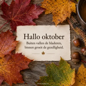 Kleurrijke esdoornbladeren omlijsten een warme groet voor oktober.
