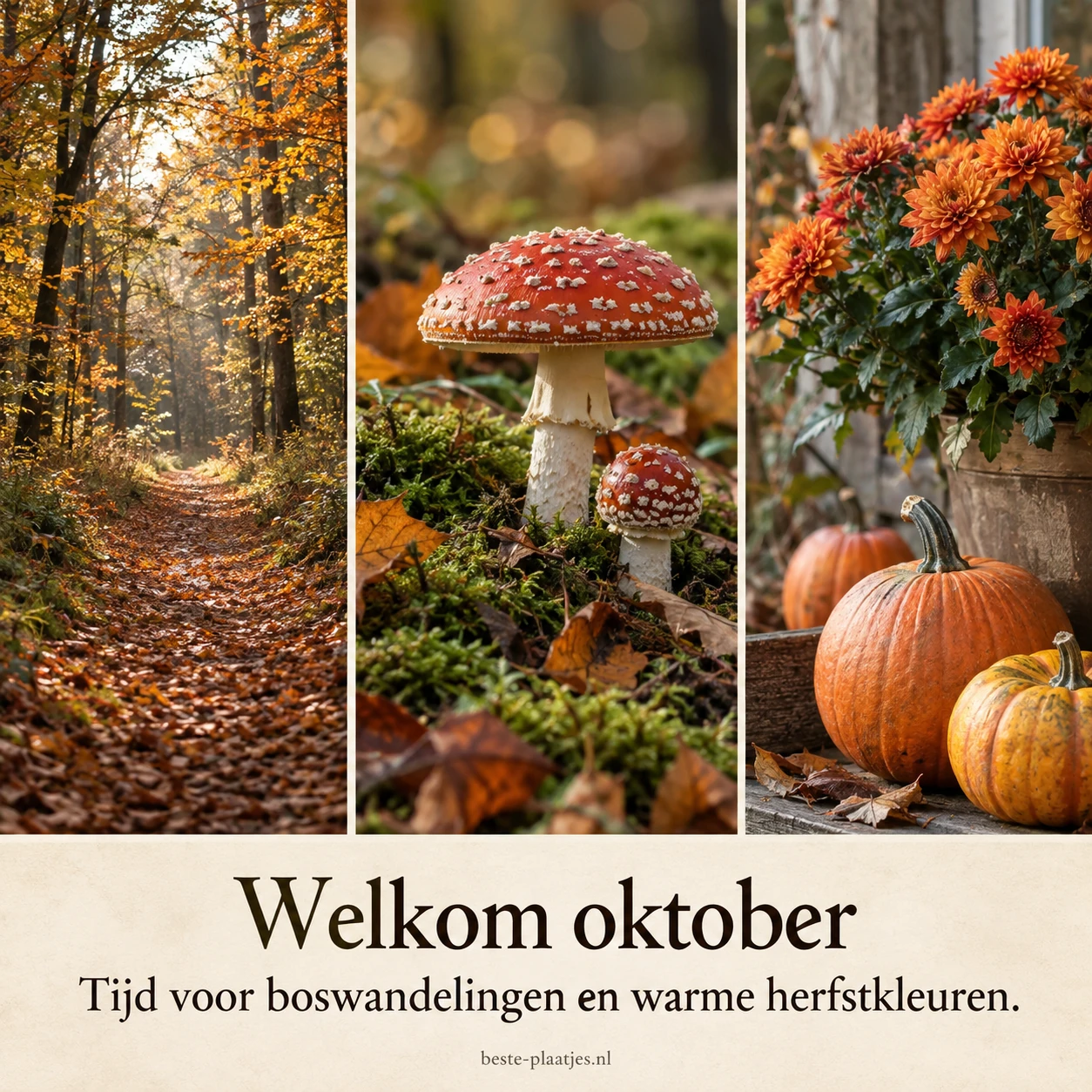 Een herfstbos, paddenstoelen en pompoenen laten de verschillende kleuren van oktober zien. Een herfstbos, paddenstoelen en pompoenen laten de verschillende kleuren van oktober zien.