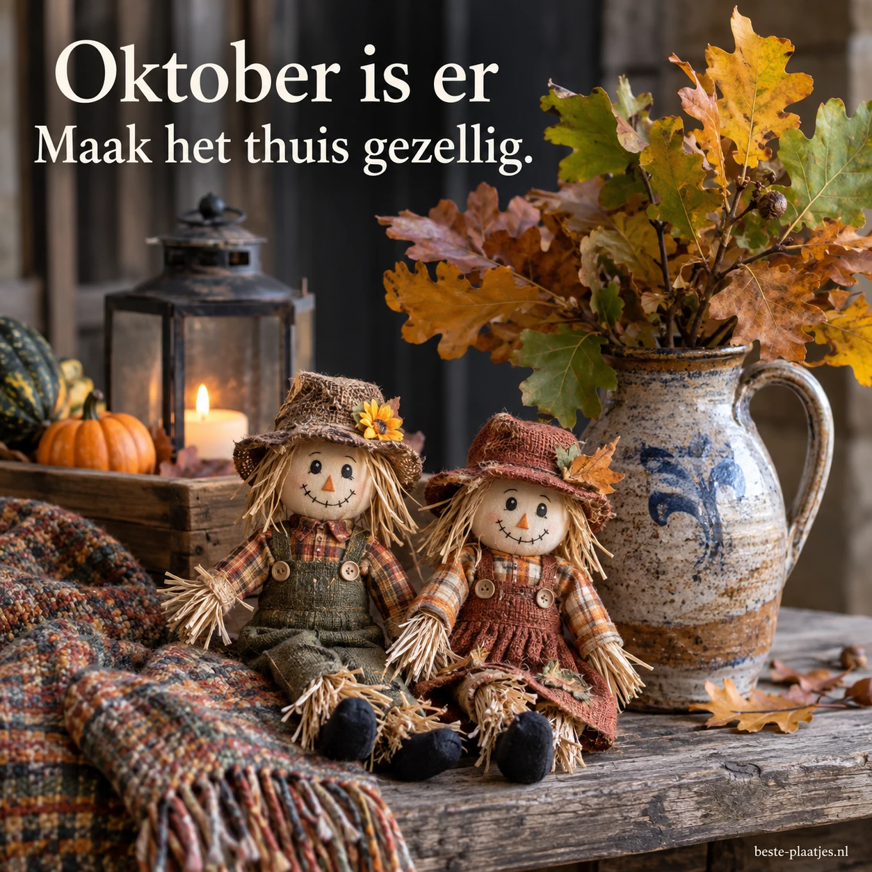 Twee kleine vogelverschrikkerdecoraties en een kruik met bladeren brengen oktober in huis. Twee kleine vogelverschrikkerdecoraties en een kruik met bladeren brengen oktober in huis.