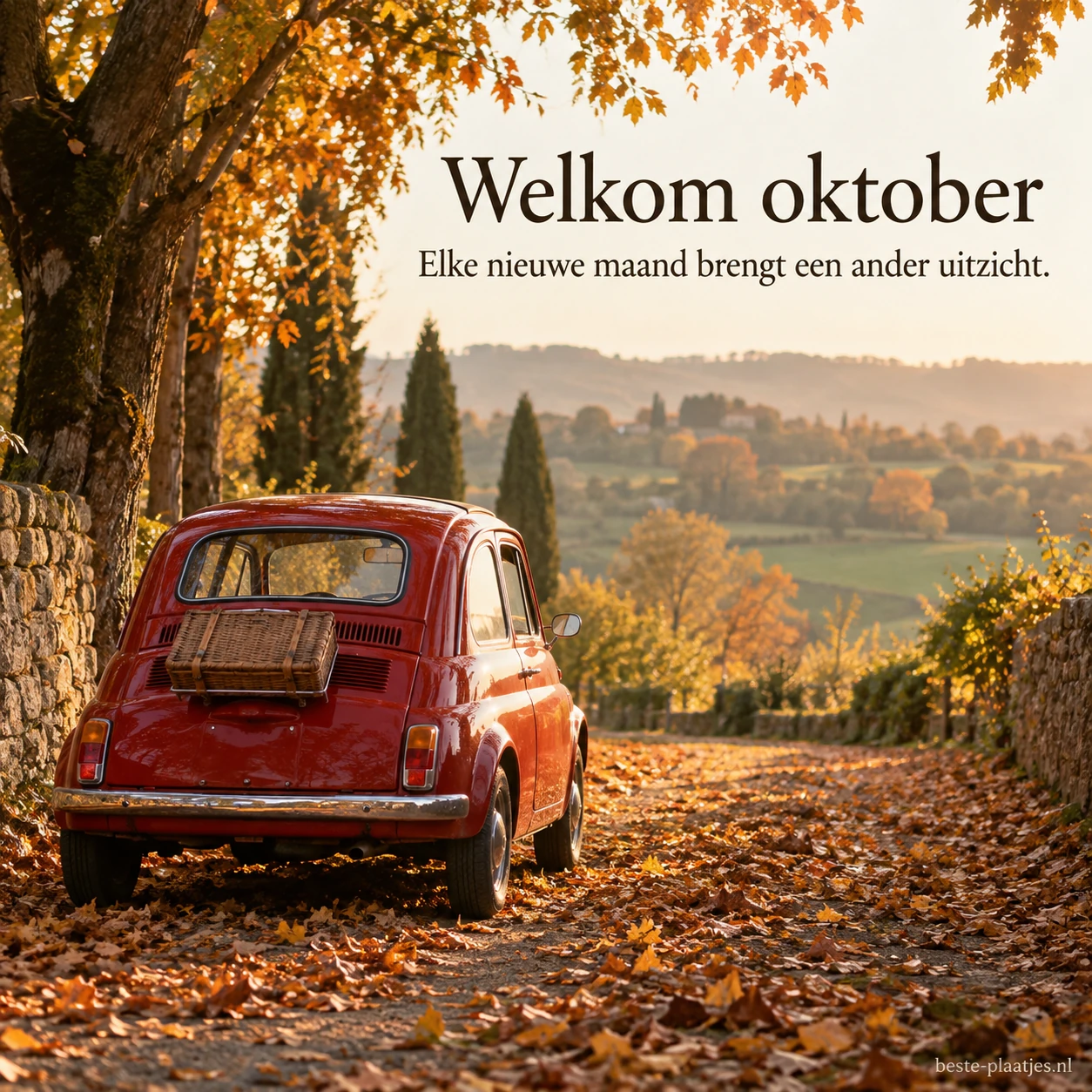 Een rode oldtimer op een met bladeren bedekte laan brengt een nostalgische oktobergroet. Een rode oldtimer op een met bladeren bedekte laan brengt een nostalgische oktobergroet.