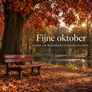 Een leeg bankje onder rode herfstbomen nodigt uit om even van oktober te genieten.