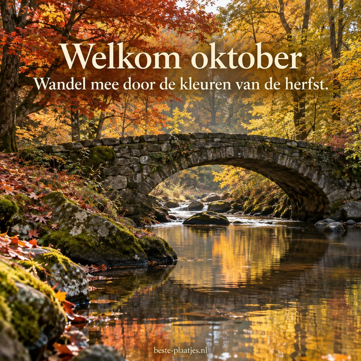 Een stenen brug over een beek ligt tussen de kleurrijke herfstbomen van oktober. Een stenen brug over een beek ligt tussen de kleurrijke herfstbomen van oktober.