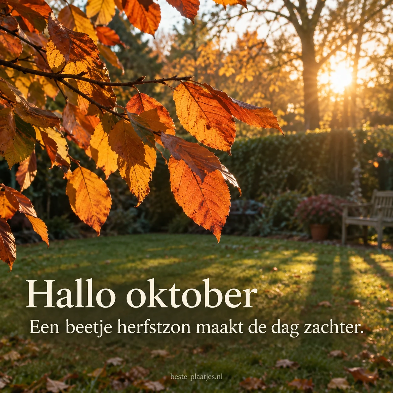 Zonlicht schijnt door oranje herfstbladeren bij deze groet voor oktober. Zonlicht schijnt door oranje herfstbladeren bij deze groet voor oktober.
