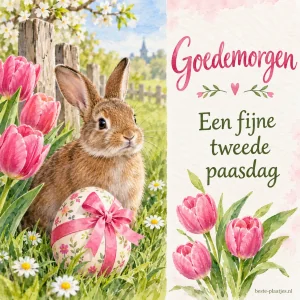 Een geschilderd konijn zit bij een ingepakt ei tussen roze tulpen.
