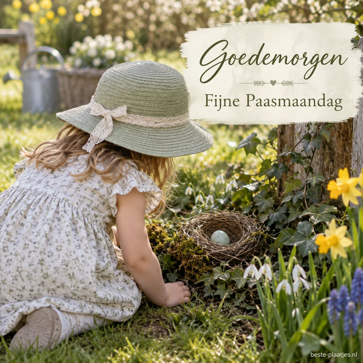 Een kind met groene zomerhoed bekijkt een nestje in een lentetuin. Een kind met groene zomerhoed bekijkt een nestje in een lentetuin.