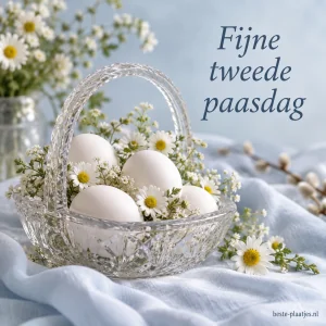 Witte eieren en madeliefjes liggen in een glazen mand op lichtblauw linnen.