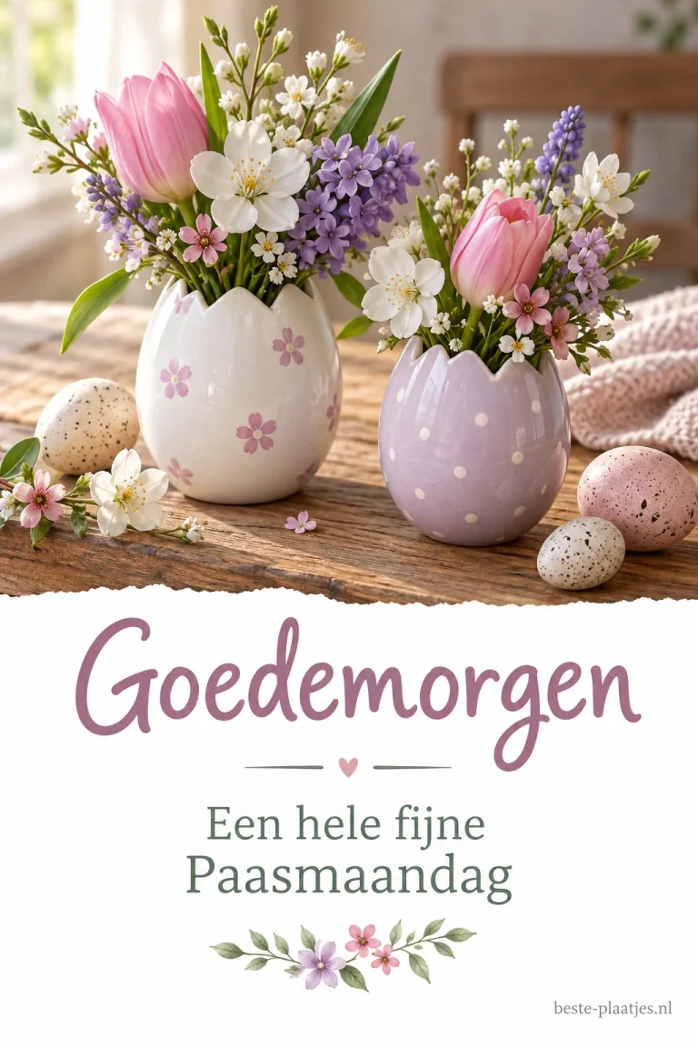 Twee eivormige vaasjes met lentebloemen staan op een houten tafel.