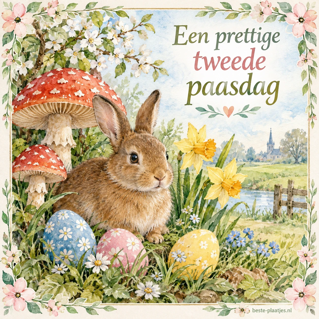 Een geschilderd konijn zit bij paaseieren onder rode paddenstoelen. Een geschilderd konijn zit bij paaseieren onder rode paddenstoelen.