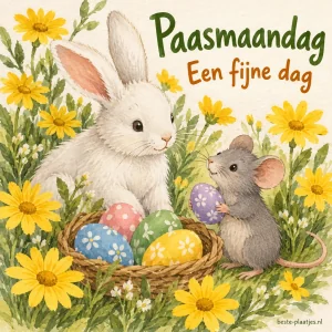 Een wit konijn en een grijze muis staan tussen bloemen en paaseieren.