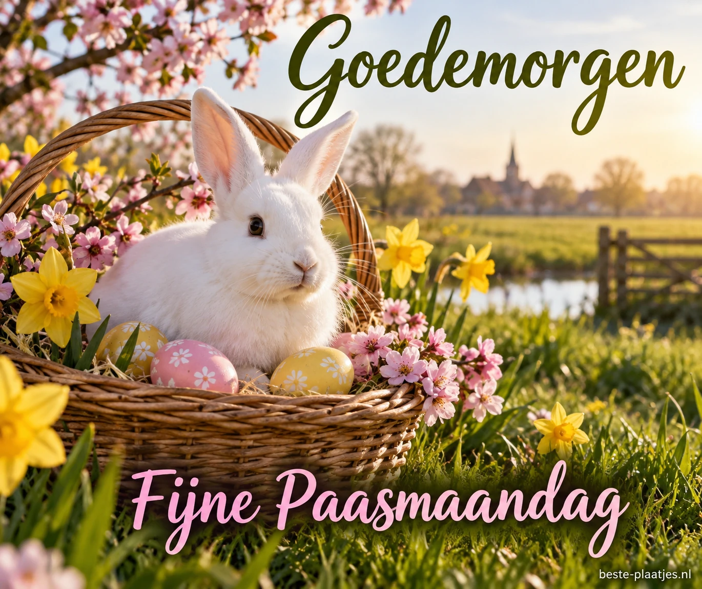 Een wit konijn zit in een mand tussen bloesem en gele narcissen. Een wit konijn zit in een mand tussen bloesem en gele narcissen.