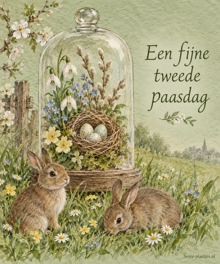 Twee geschilderde konijnen zitten bij een glazen stolp met bloemen en eieren.