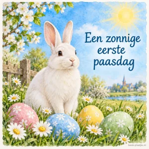 Een wit konijn zit in aquarel tussen bloesem, madeliefjes en beschilderde eieren.