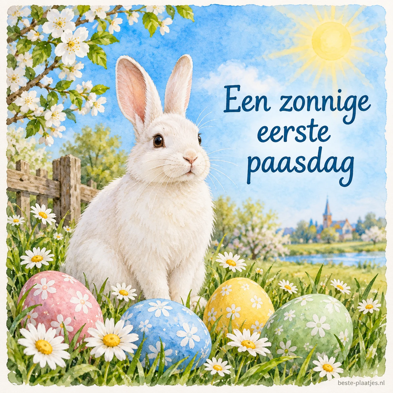 Een wit konijn zit in aquarel tussen bloesem, madeliefjes en beschilderde eieren. Een wit konijn zit in aquarel tussen bloesem, madeliefjes en beschilderde eieren.