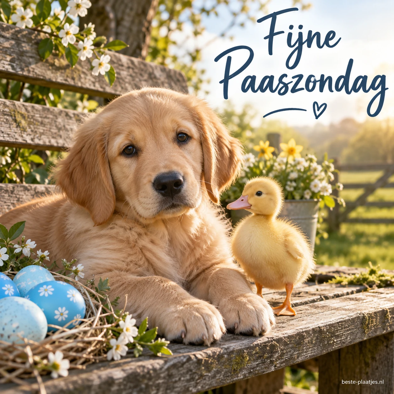 Een jonge hond ligt naast blauwe eieren en een geel eendje op een houten bank. Een jonge hond ligt naast blauwe eieren en een geel eendje op een houten bank.