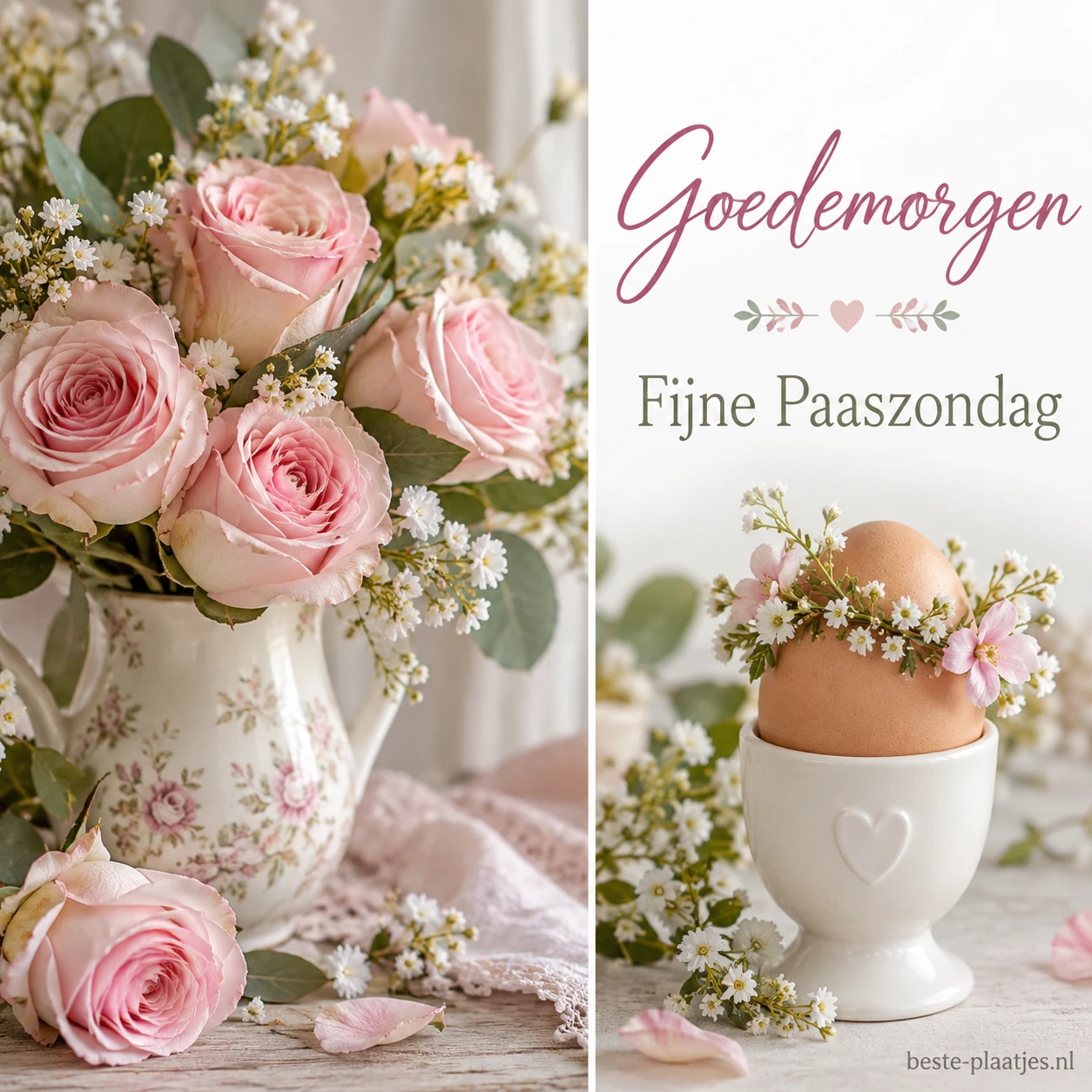 Roze rozen staan naast een ei met bloemenkrans in een wit eierdopje. Roze rozen staan naast een ei met bloemenkrans in een wit eierdopje.