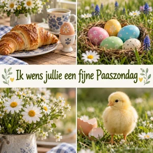 Een collage toont paasontbijt, eieren in het gras, madeliefjes en een kuiken.