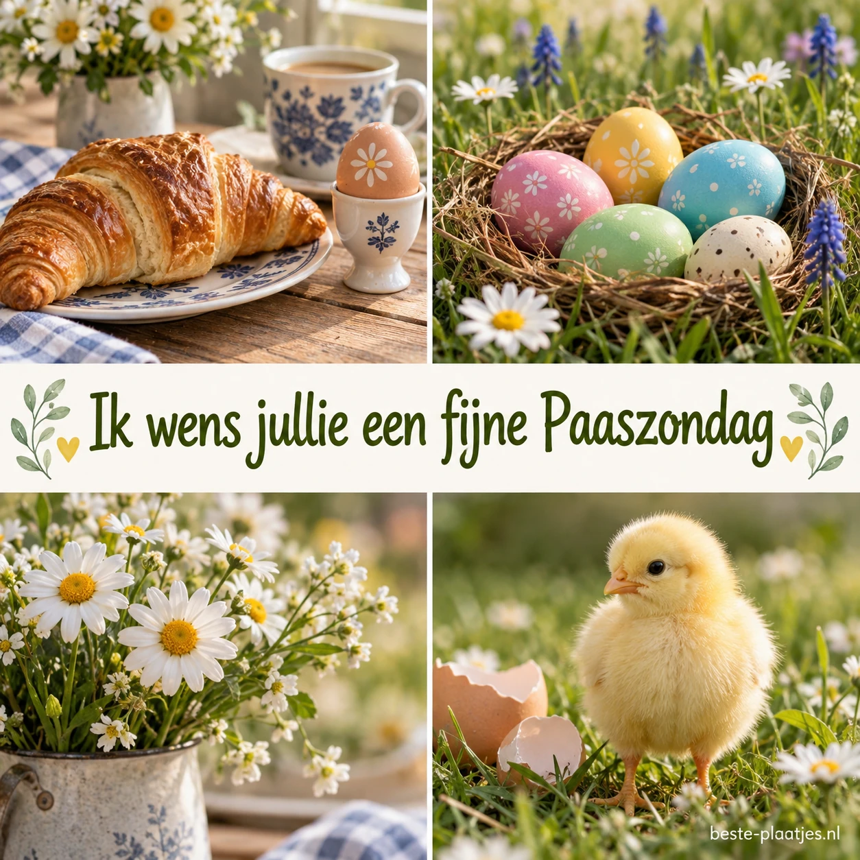 Een collage toont paasontbijt, eieren in het gras, madeliefjes en een kuiken. Een collage toont paasontbijt, eieren in het gras, madeliefjes en een kuiken.
