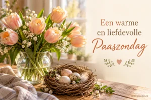 Perzikkleurige tulpen staan bij een nest met eieren op een houten tafel.