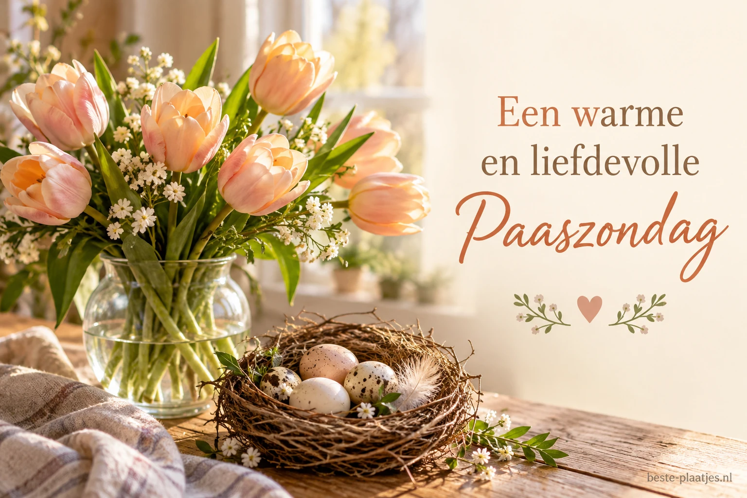 Perzikkleurige tulpen staan bij een nest met eieren op een houten tafel. Perzikkleurige tulpen staan bij een nest met eieren op een houten tafel.