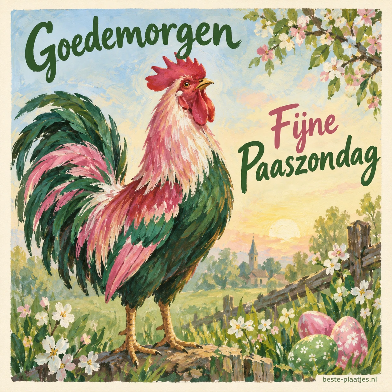 Een kleurrijke geschilderde haan staat tussen voorjaarsbloemen en paaseieren. Een kleurrijke geschilderde haan staat tussen voorjaarsbloemen en paaseieren.