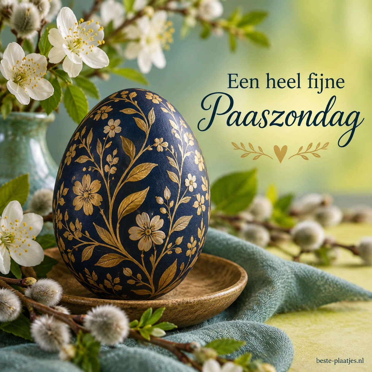 Een donkerblauw paasei met gouden bloemen staat tussen wilgenkatjes en bloesem. Een donkerblauw paasei met gouden bloemen staat tussen wilgenkatjes en bloesem.