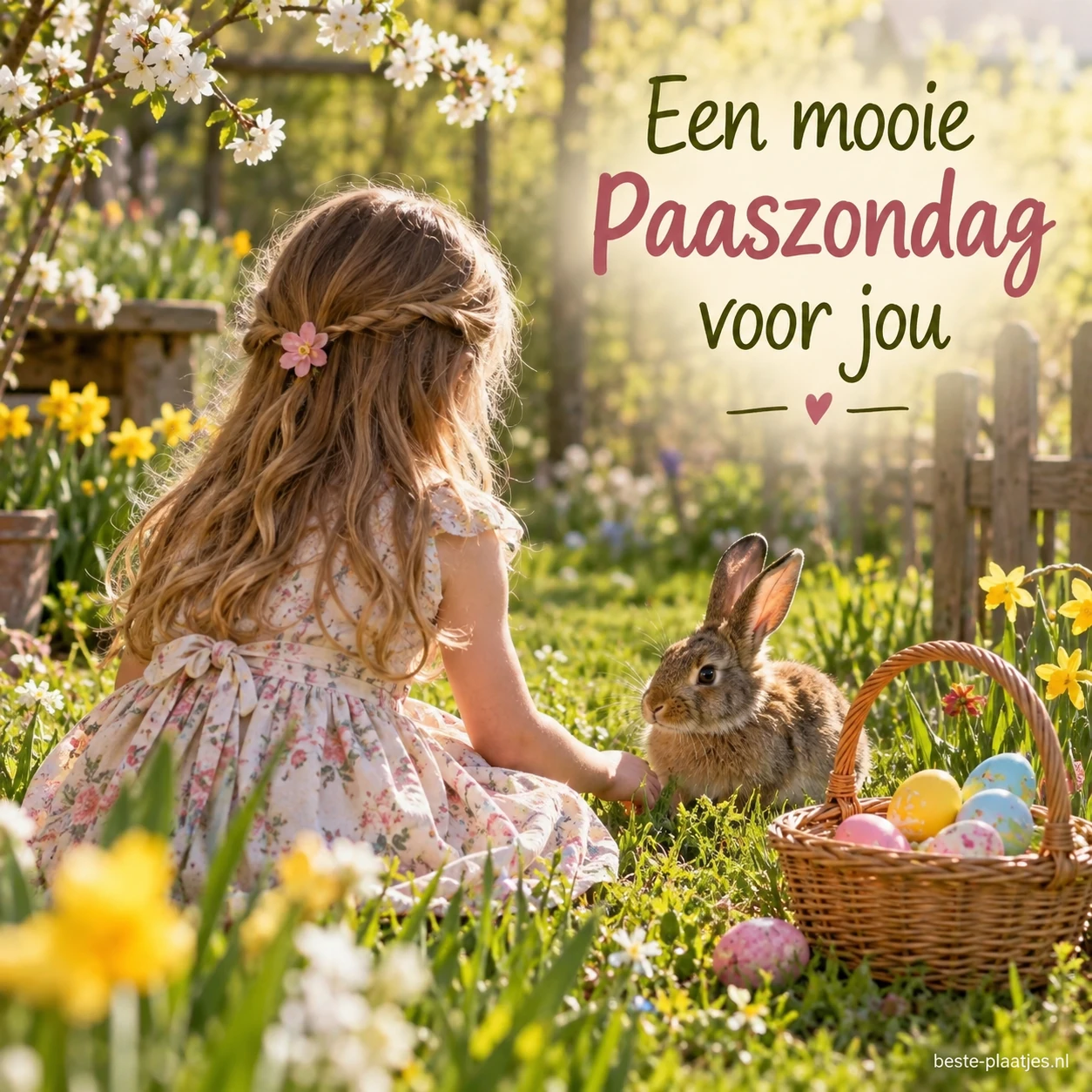 Een meisje kijkt in een lentetuin naar een konijn naast een mand met eieren. Een meisje kijkt in een lentetuin naar een konijn naast een mand met eieren.
