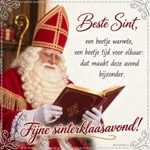Sinterklaas met zijn boek staat naast een wens voor warmte en tijd voor elkaar.
