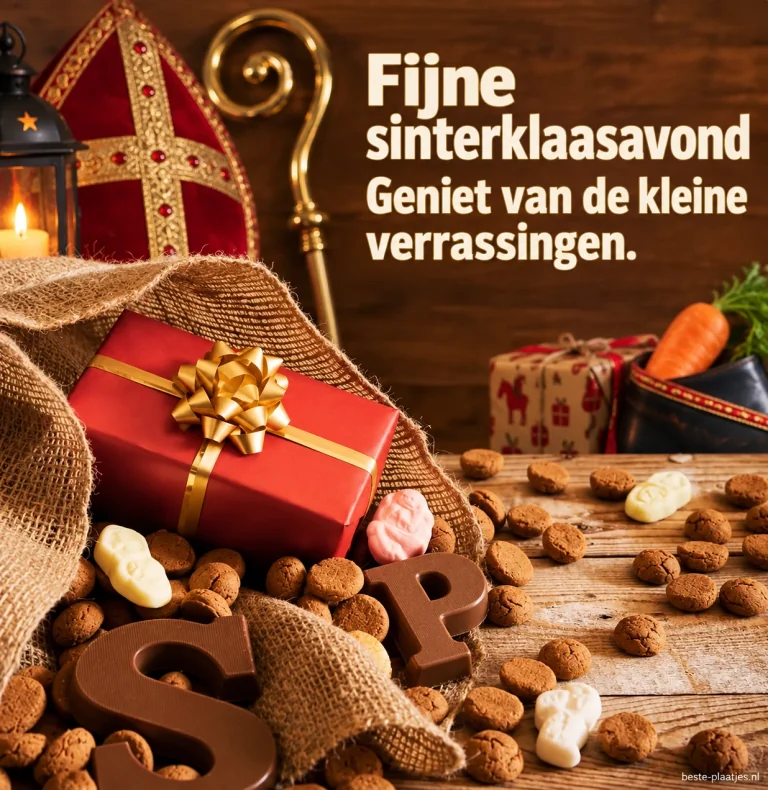 Een rood cadeau, chocoladeletters en kruidnoten brengen een feestelijke sinterklaasavond.
