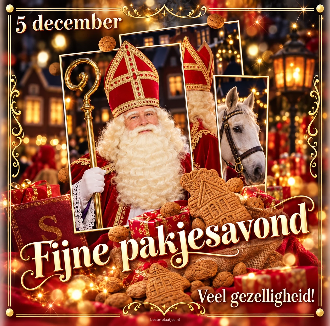Een collage met Sinterklaas, speculaas en gouden accenten wenst een gezellige pakjesavond.