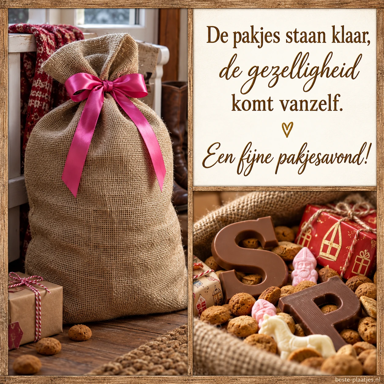 Een jutezak met roze lint en chocoladeletters vormen een huiselijke pakjesavondcollage.