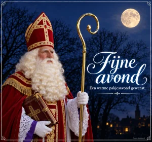 Sinterklaas met een gouden staf staat onder de maan naast een warme avondwens.